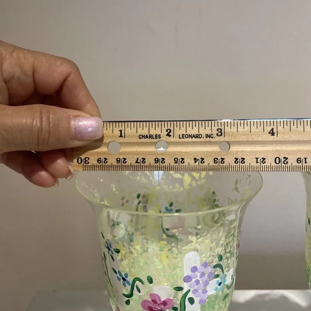 Art Glass Stemmed Goblets Wine or Water Glasses Hand Painted Flowers Signed 